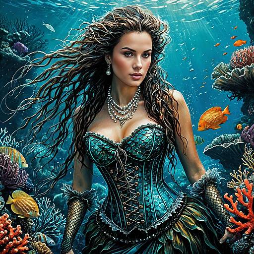 Gothic Mermaid in Underwater Coral Reef