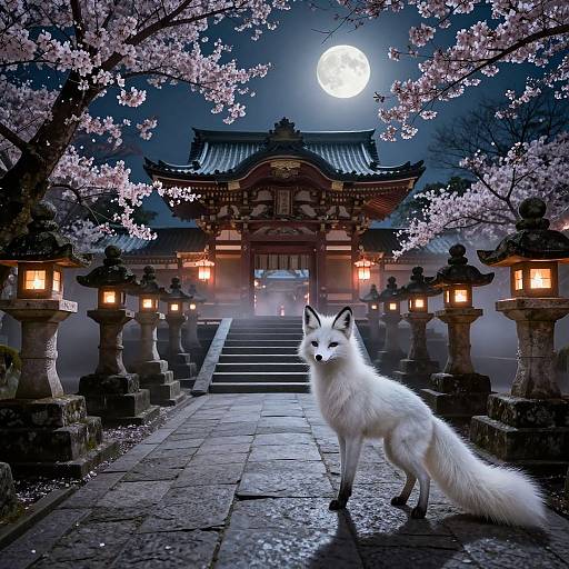 Digital artwork: White fox stands on stone path under full moon, cherry blossoms, traditional Japanese temple with lanterns in background.