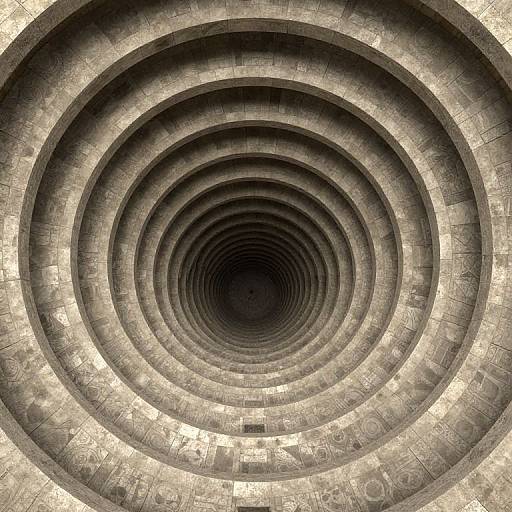Photograph of a circular, multi-layered concrete staircase viewed from above, creating an hypnotic, spiraling pattern with textured, weathered stone surfaces