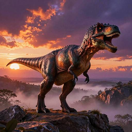 Fierce Dinosaur Roaring at Sunset
