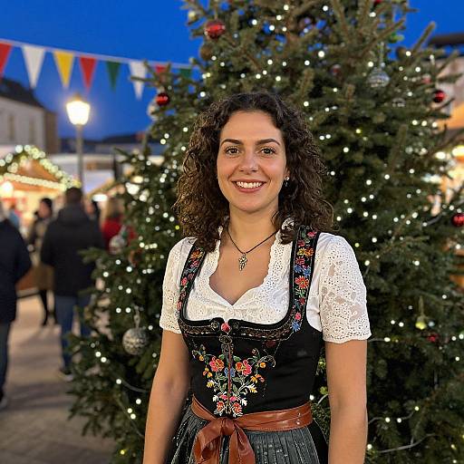 Photograph of a smiling woman with curly dark hair, wearing a white lace blouse and black dirndl with floral embroidery, standing in front of a decorated