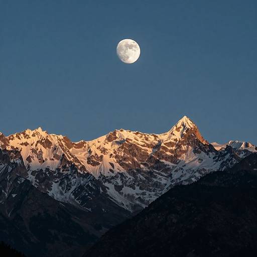 Photograph of a full moon above snow-capped, sunlit mountain peaks against a clear, deep blue night sky.