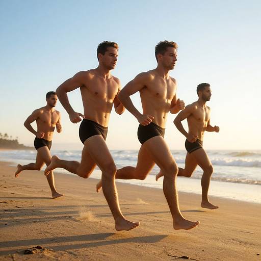 Photograph of four shirtless, muscular men in black shorts running on a sunlit, sandy beach with the ocean in the background.