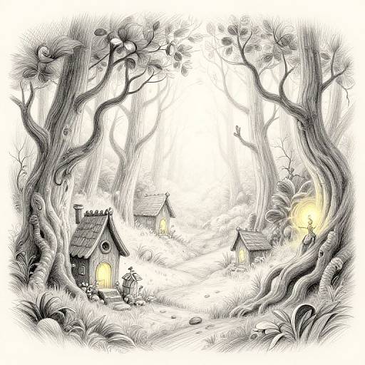 Whimsical black-and-white forest drawing with twisted trees, tiny glowing wooden huts, and a small figure near a lit window.