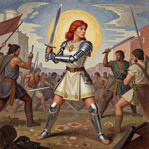 Illustration of a red-haired, armored woman with a sword, standing defiantly against a backdrop of armed soldiers and a bright sun.