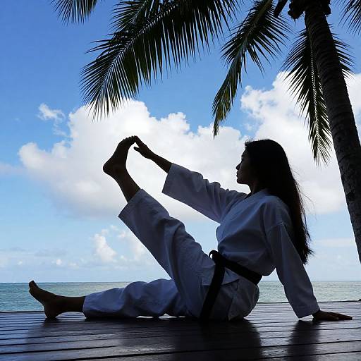 Silhouetted woman in white karate gi stretches on wooden deck under palm trees, with bright blue sky and ocean in background.