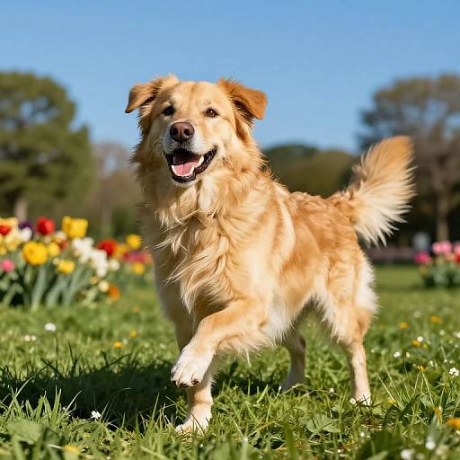 Photograph of a happy, golden-haired dog mid-stride in a sunny, colorful flower garden with a clear blue sky background.