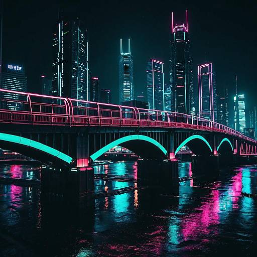 Cyberpunk Neon Bridge and Cityscape at Night