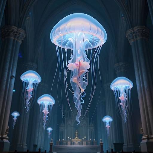 Photograph of glowing jellyfish floating in a dark, grand cathedral with tall columns, illuminated by ethereal blue and white light.