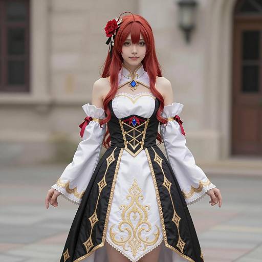 Medieval Style Cosplay with Red Hair and Flower Accessory
