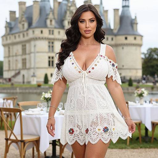 Photograph of a curvy woman with long black hair in a white lace, off-shoulder, floral dress, standing in front of a French