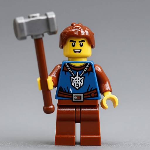 Photograph of a LEGO minifigure with brown hair, yellow skin, blue vest, brown pants, holding a gray hammer, and a white emblem