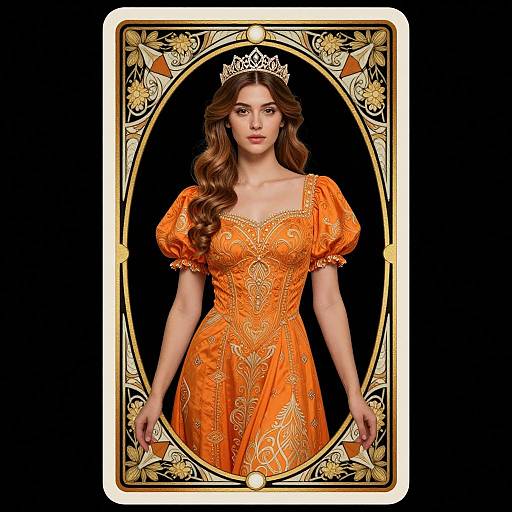 Digital illustration of a beautiful woman with long brown hair, wearing an orange, ornate dress and silver tiara, framed by an elegant, gold-ac