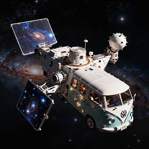 Vintage VW Bus Space Outpost in Cosmos