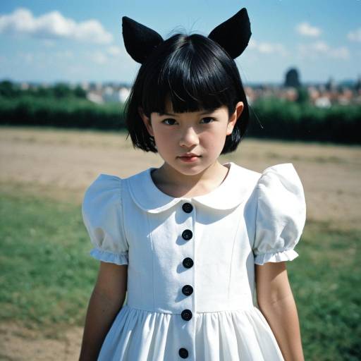 Child in White Dress with Black Cat Ears Outdoors