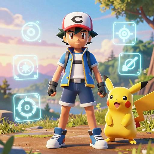 Pokemon Trainer with Pikachu and Customizable Gear