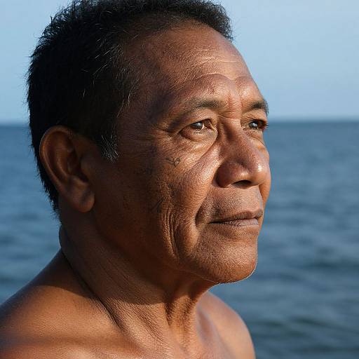 Close-up photograph of a middle-aged, shirtless Asian man with wrinkled skin, short black hair, and a contemplative expression, standing by the