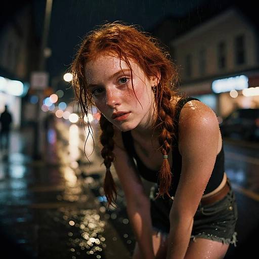 Photograph of a wet, red-haired girl in a black tank top and denim shorts, leaning forward in a rainy urban street at night, with blurred