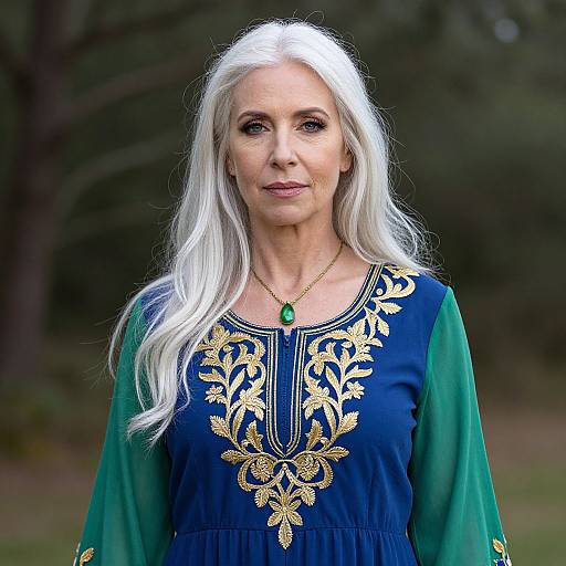 Woman with White Hair in Embroidered Dress
