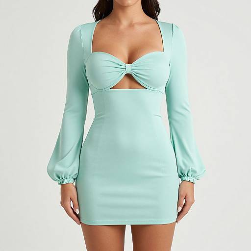 Photograph of a woman in a light turquoise, long-sleeve mini dress with a keyhole cutout and gathered bust, standing against a plain