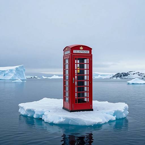 Photograph of a red British telephone booth standing on a small iceberg in a calm, icy Arctic ocean with snow-covered icebergs in the background.