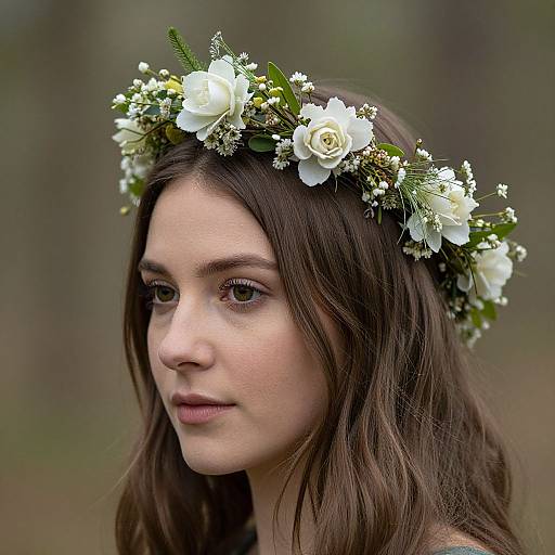 Photograph of a young woman with fair skin, brown eyes, and long brown hair, wearing a white floral crown, looking to the side against a