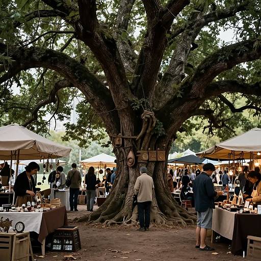 Photograph of a bustling outdoor market under a large, sprawling oak tree with vendors and shoppers browsing tables, surrounded by white umbrellas.