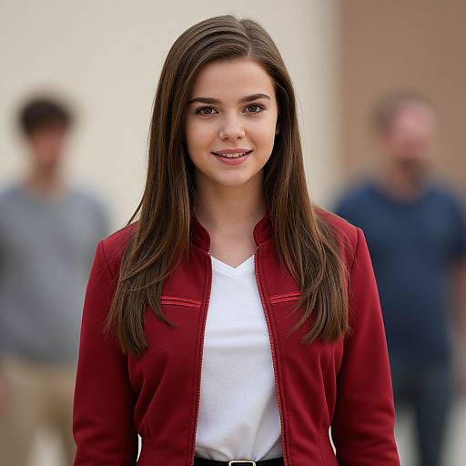 Photograph of a young woman with straight brown hair, wearing a red jacket over a white top, smiling, with blurred people in the background.