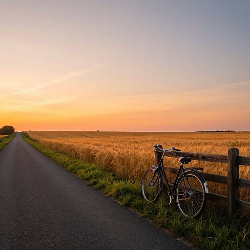 Photograph of a sunset over a golden field, with a black bicycle leaning against a wooden fence on a quiet country road.