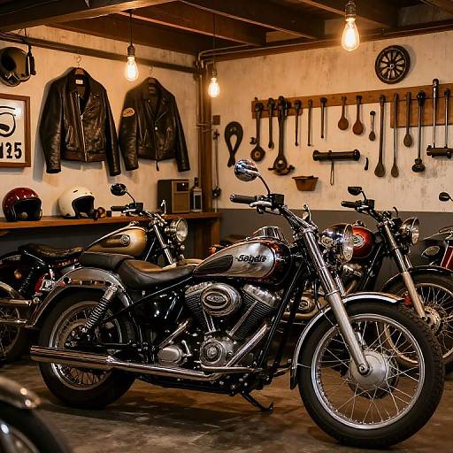 Photograph of a dimly lit motorcycle garage with two shiny Harleys, black leather jackets on the wall, hanging tools, and helmets on a shelf