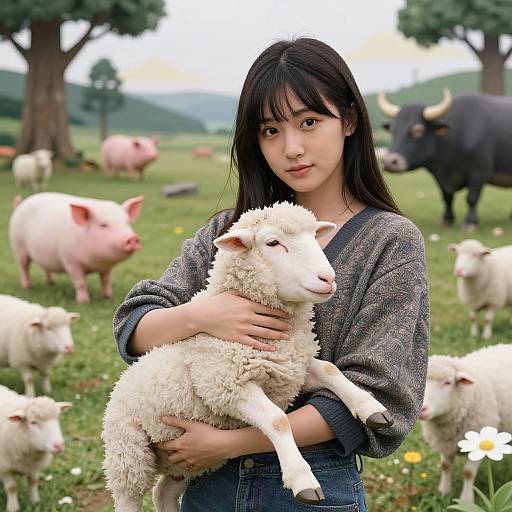 Asian woman with long black hair holding a white lamb, surrounded by pigs and a black water buffalo in a grassy, tree-filled field. Photograph.