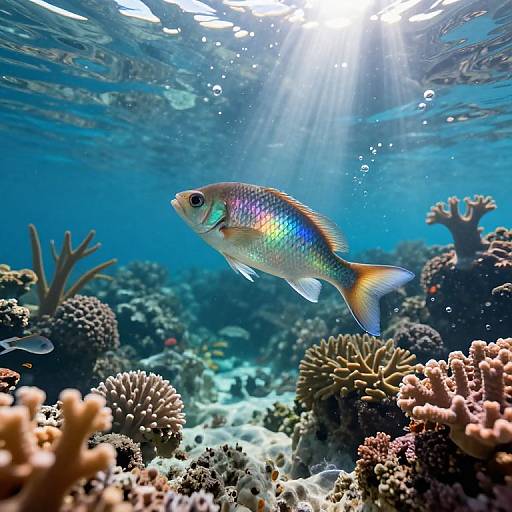Photograph of a vibrant, rainbow-scaled fish swimming near colorful coral reefs underwater, bathed in sunlight filtering through clear blue ocean water.