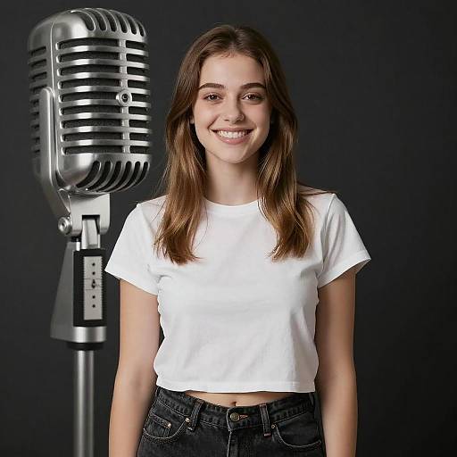 Smiling Woman with Vintage Microphone
