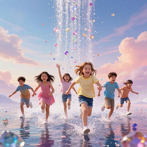 Photograph of six joyful children running towards a colorful water fountain, sparkling bubbles, clear blue sky, and pink-hued clouds.