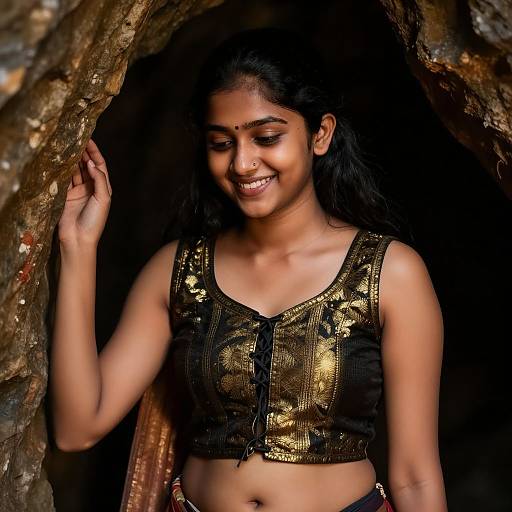 Photograph of a smiling Indian woman with dark hair, wearing a gold sequin crop top, standing in a dark, rocky cave entrance.