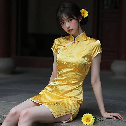 Ultra-Realistic Girl in Yellow Aodai
