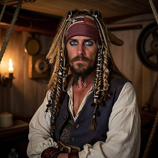 Photograph of a rugged, bearded pirate with blue eyes, long dreadlocked hair, and a maroon headband, wearing a white shirt and