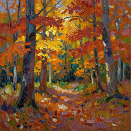 Vibrant autumn forest painting with thick, expressive brushstrokes, showcasing bright orange, red, and yellow leaves, and dark tree trunks on