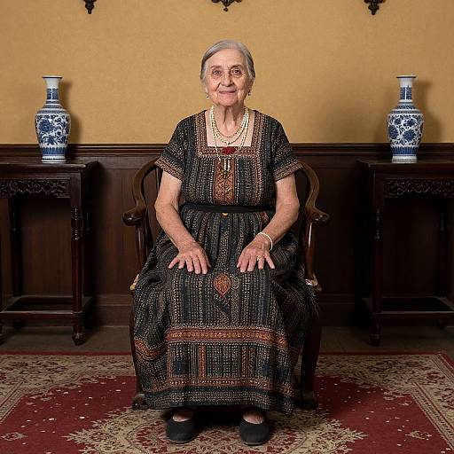 Elderly woman with gray hair, wearing black embroidered dress and pearl necklace, seated in ornate wooden chair, flanked by blue-and-white v