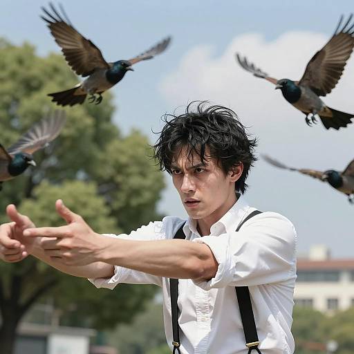 Intense Man Flings Birds in Nature