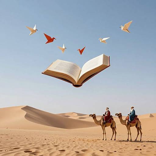 Surreal Desert with Floating Books and Origami Birds