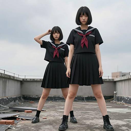 Two Asian Women in Black Sailor Uniforms on Rooftop