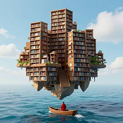 Digital illustration of a floating skyscraper with numerous windows, surrounded by blue ocean, with a small wooden boat and red-robed figure below.