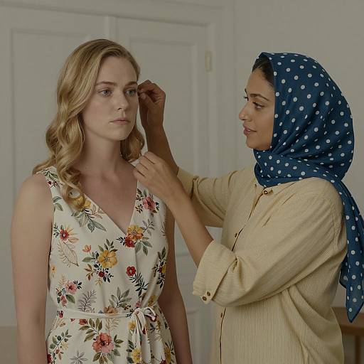Woman Adjusting Headscarf Indoors
