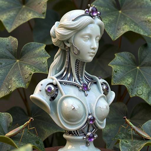 Photorealistic digital artwork of a white, robotic, classical female bust with purple gem accents, surrounded by large, green leaves and insects.