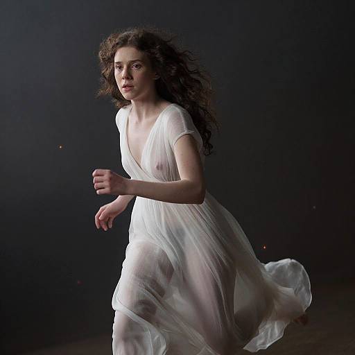 Photograph of a pale-skinned, curly-haired woman in a translucent white dress, running against a dark, smoky background. Her expression is determined