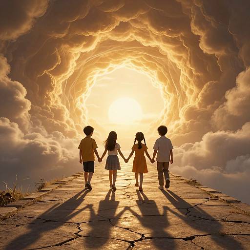 Photograph of three children holding hands, walking towards a glowing, circular sunburst in a dramatic, cloud-filled sky, casting long shadows on a cracked