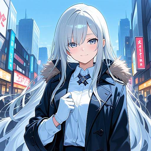 Anime Girl with Silver Hair in Urban Nightscape