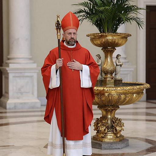 Catholic Priest Beside Ornate Fountain
