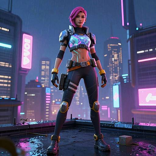CGI image of a pink-haired woman in futuristic, black armored suit with neon accents, standing confidently in a rainy, neon-lit cityscape.